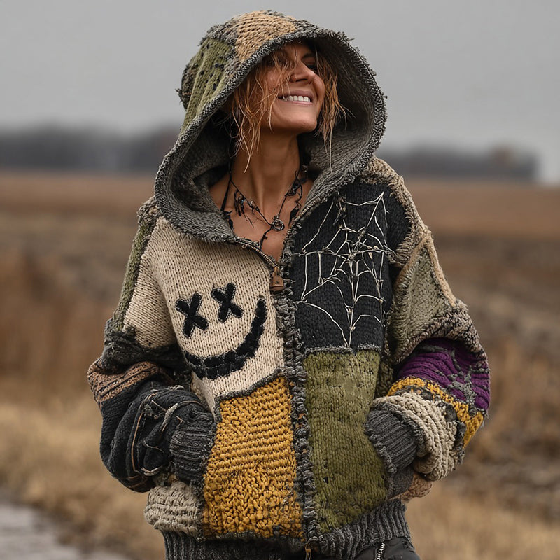 Halloween Spooky Smiley Face And Spiderweb Patchwork Design Cozy Knitted Zip-up Hooded Sweater artswardrobe