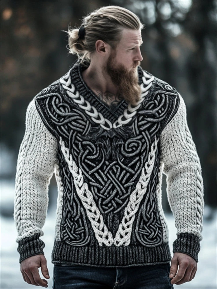 Men's Viking Wolf Inspired Celtic Chunky V Neck Sweater artswardrobe