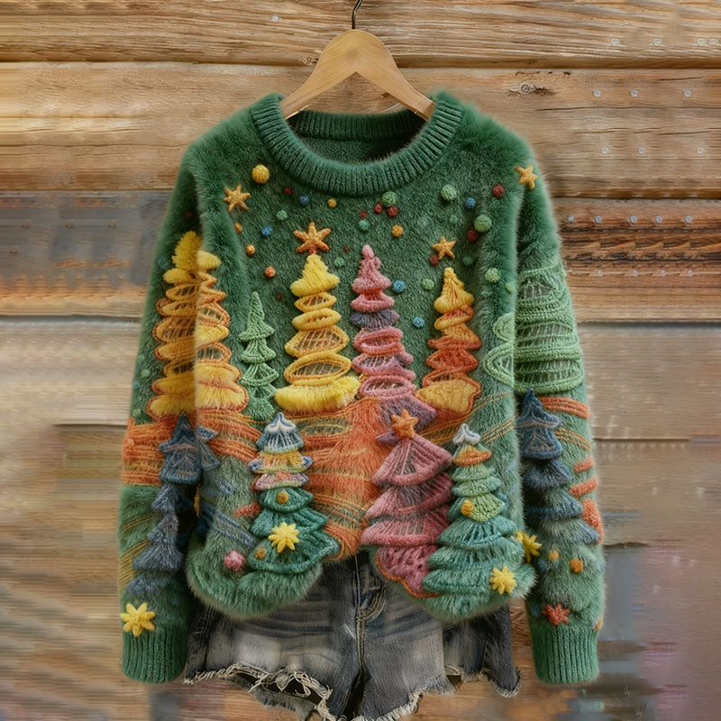 Women's Colorful Christmas Tree Embroidery Art Comfort Plush Sweatshirt
