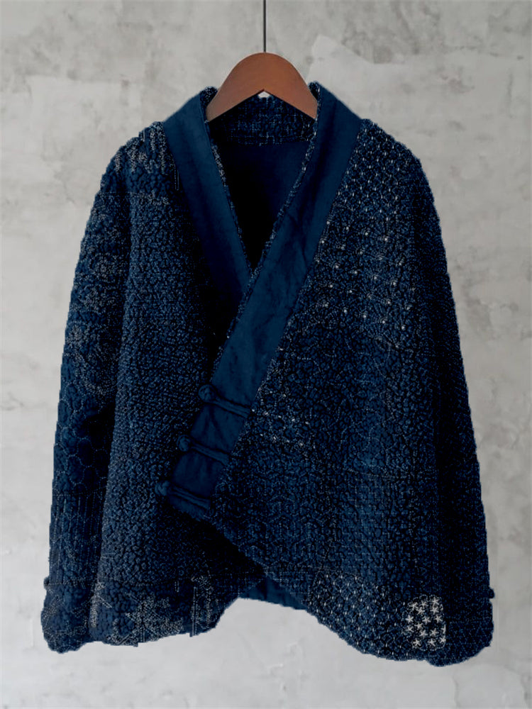 Comstylish Japanese Traditional Sashiko Art Fleece Kimono Cardigan