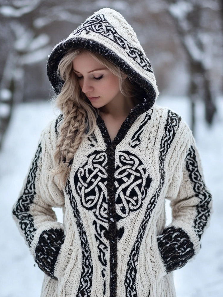 Women's Vintage Celtic Knot Jacquard Cozy Knit Hooded Cardigan artswardrobe