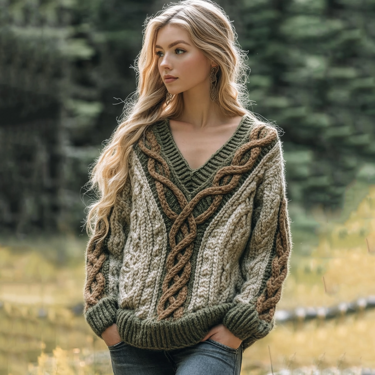 Vintage Irish Celtic Chunky Knit Cozy Warm V Neck Sweater artswardrobe