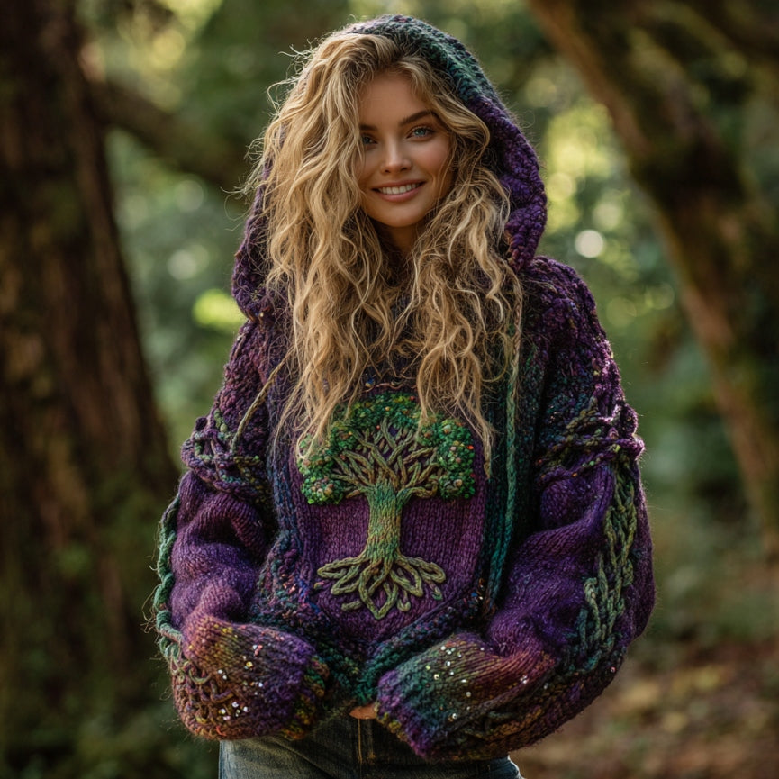 Women's Vintage Tree Of Life Celtic Gradient Art Knit Cozy Hooded Sweater artswardrobe