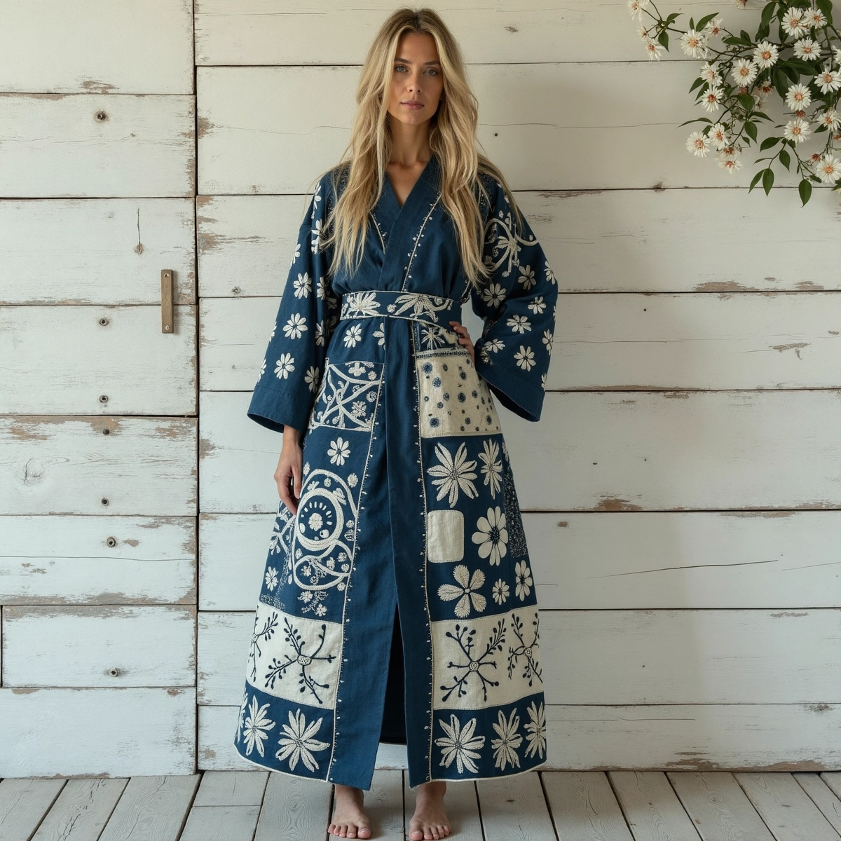 Women's Japanese Traditional Sashiko Art Linen V-neck Robe artswardrobe
