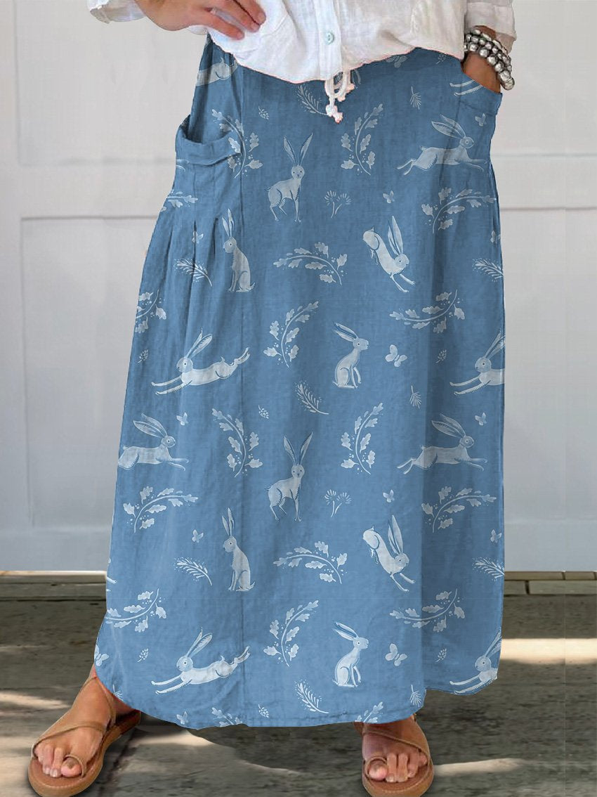 Spring Woodland Rabbit Repeat Pattern Printed Women's Linen Pocket Skirt