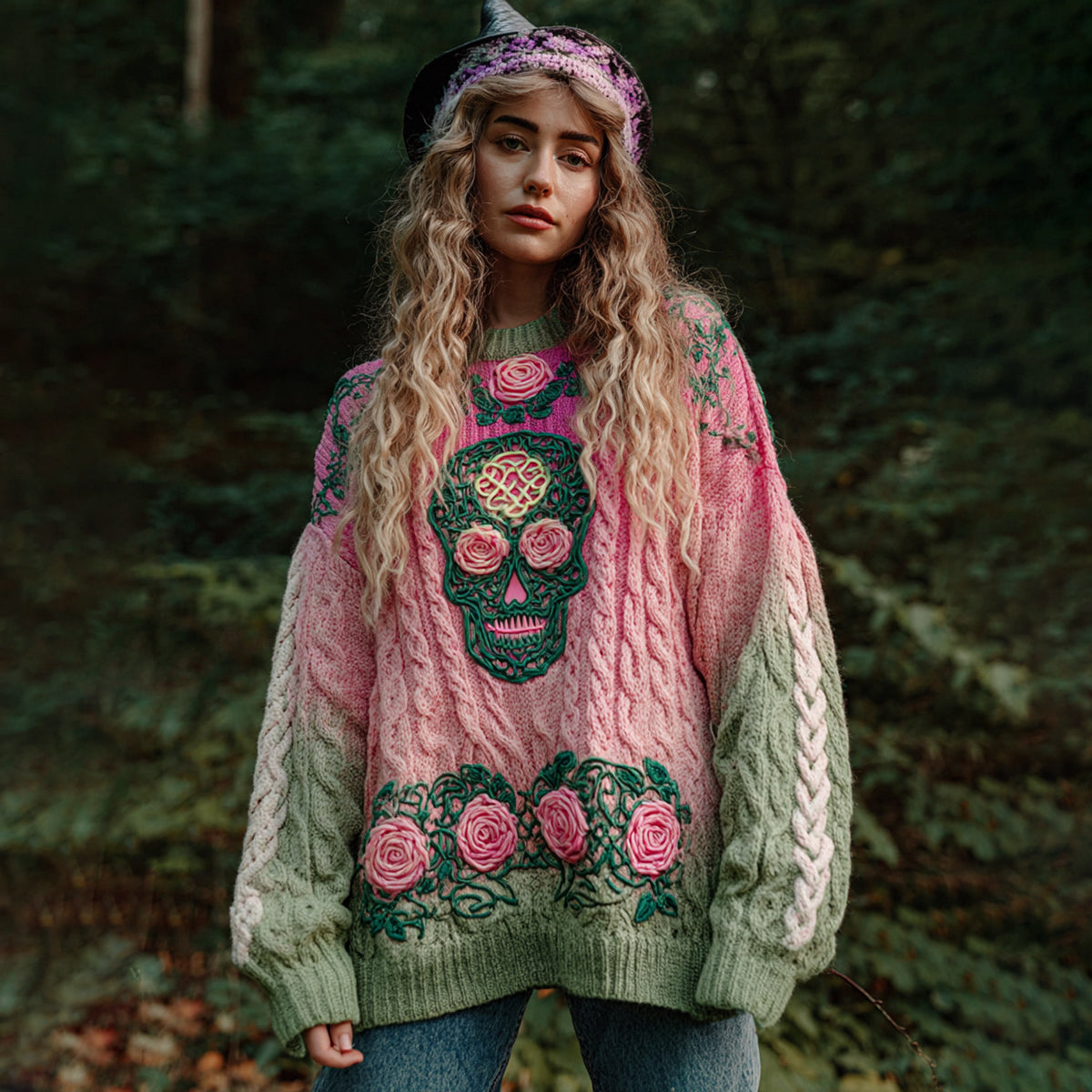 Women's Viking Tribal Jacquard Celtic With Rose And Skull Inspired Chunky Knit Round Neck Sweater artswardrobe