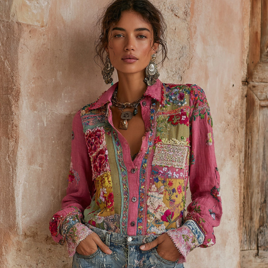 Women's Vintage Bohemian Floral Embroidery Patchwork Art Shirt artswardrobe
