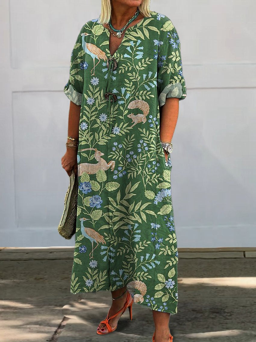 Women's Vintage Lovely Animals Woodland Art Print Pocket Cotton Dress