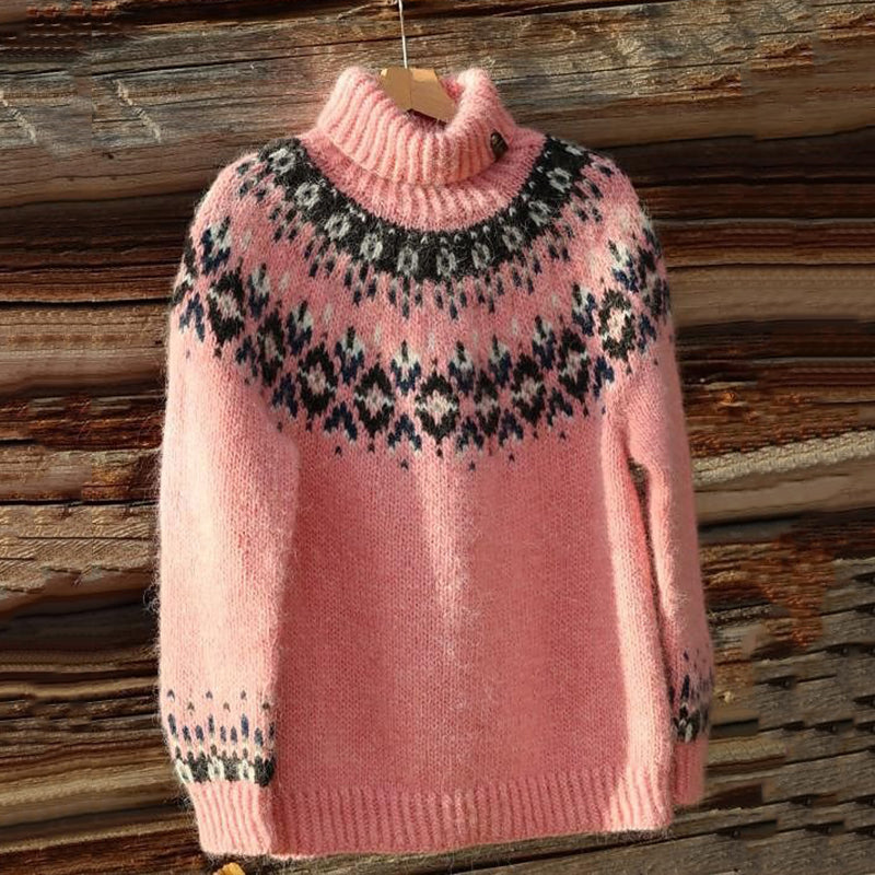 Pink Awareness Jacquard Cozy Knit Turtleneck Pullover Sweater artswardrobe