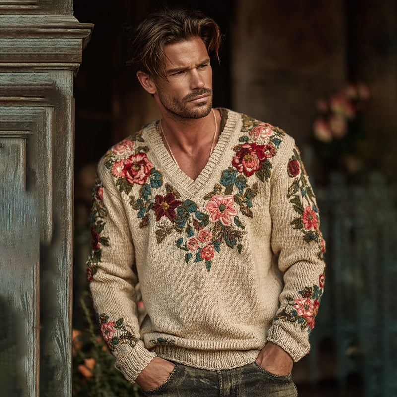 Men's Floral Art Jacquard Thick Warm V Neck Sweater elevenforest