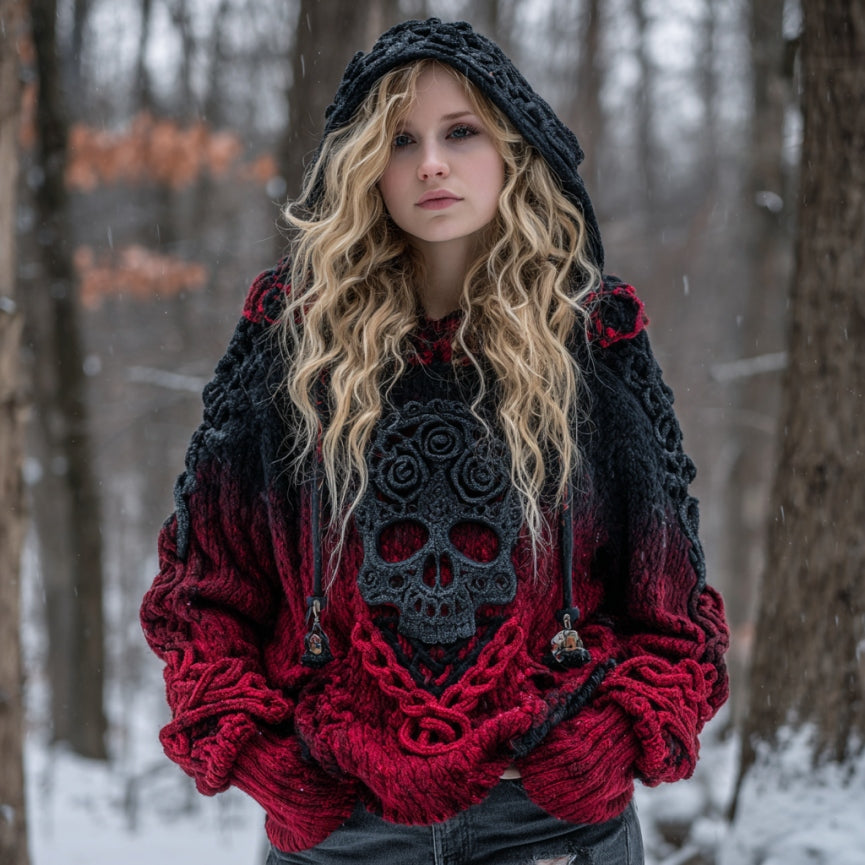 Women's Vintage Viking Tribal Celtic Skull Gradient Art Chunky Knit Hooded Sweater artswardrobe
