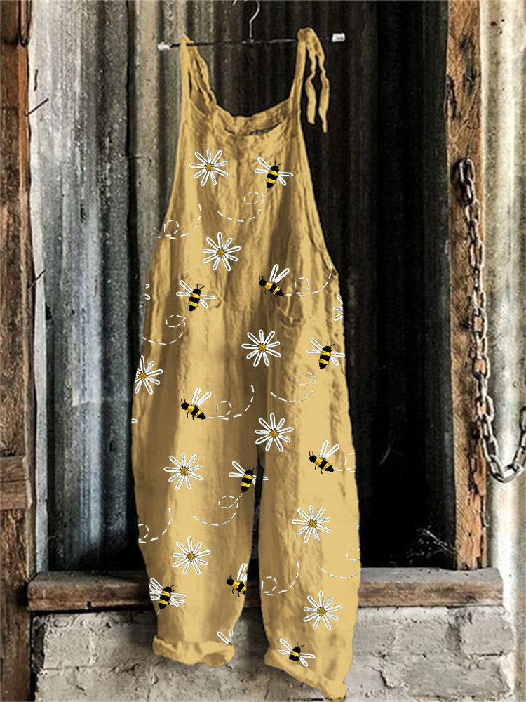 Flying Bees & Daisies Embroidery Pattern Jumpsuit artswardrobe