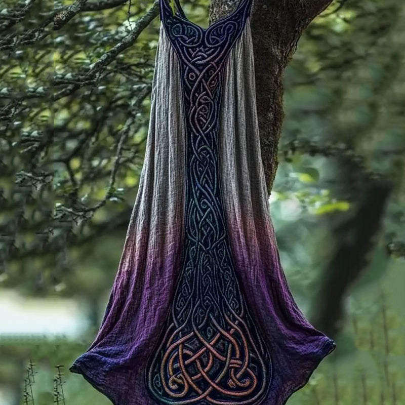 Vintage Viking Celtic Purple Gradient Linen Midi Dress artswardrobe