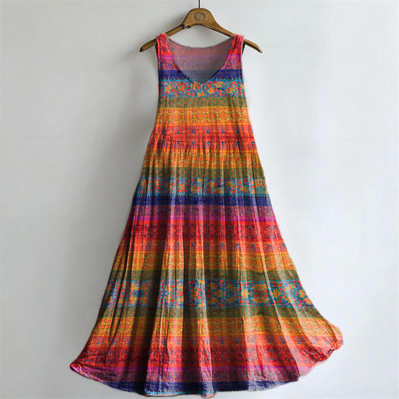 Women's Vintage Floral Art Print Sleeveless Cotton Pocket Dress