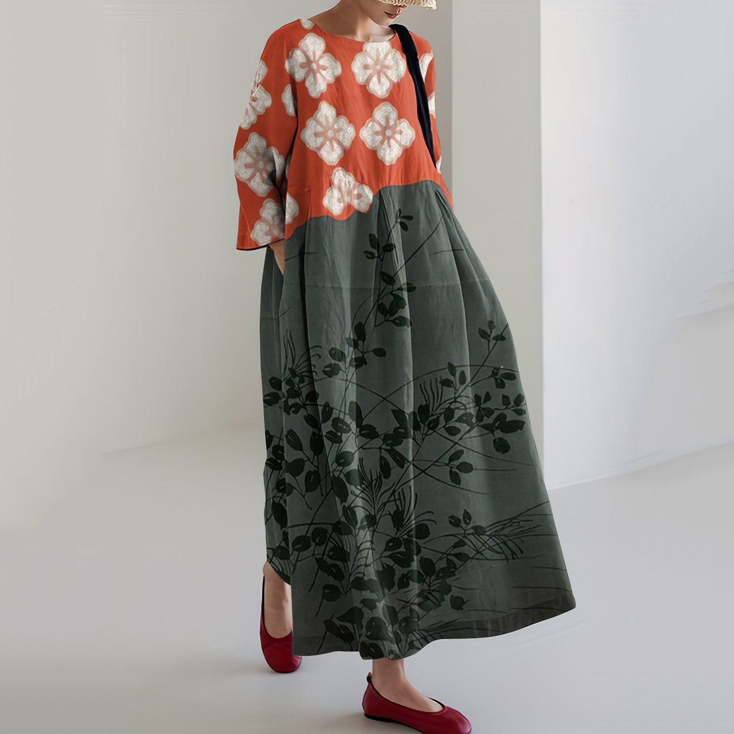 Comstylish Japanese Art Flower Print Crew Neck Loose Midi Dress