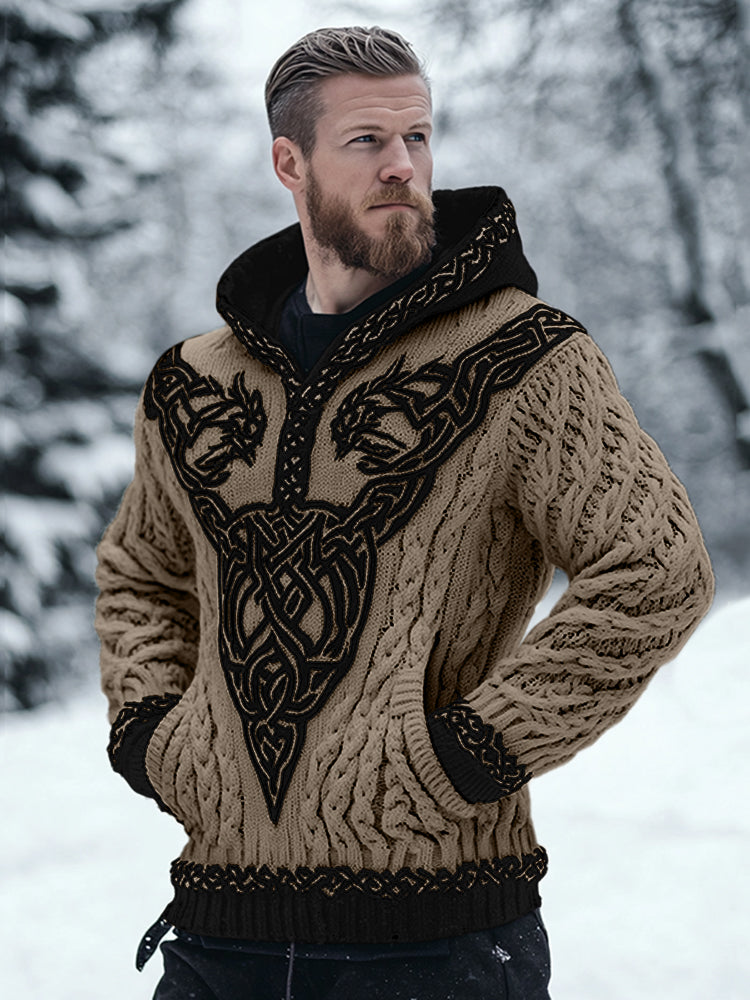 Men's Viking Celtic Contrast Cozy Chunky Hooded Sweater artswardrobe