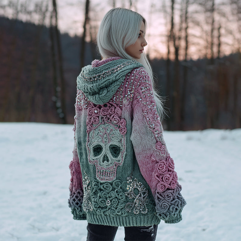 Women's Flower Skull Comfort Loose Gradient Button Sweater Cardigan artswardrobe