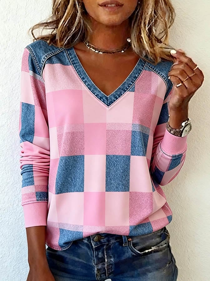 Women'S Casual V Neck Patchwork Pullover Sweatshirt
