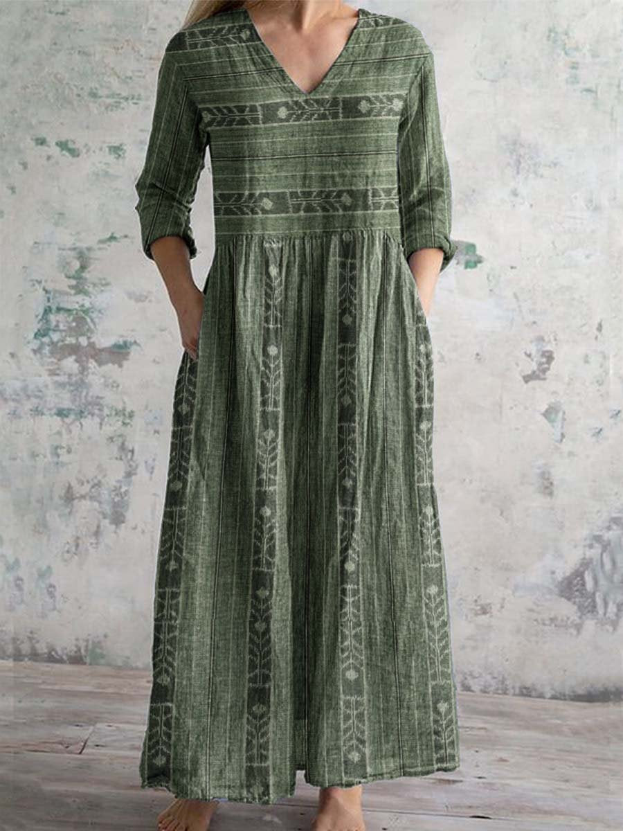Women's Simple Geometric Pattern Cotton Fabric Dress with Pockets