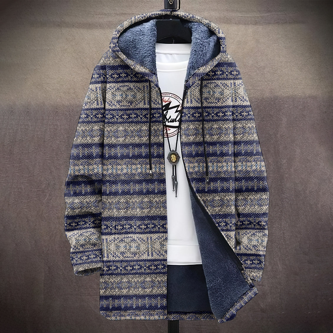 Men's Vintage Tribal Iceland Knitted Art Cozy Plush Hooded Coat artswardrobe