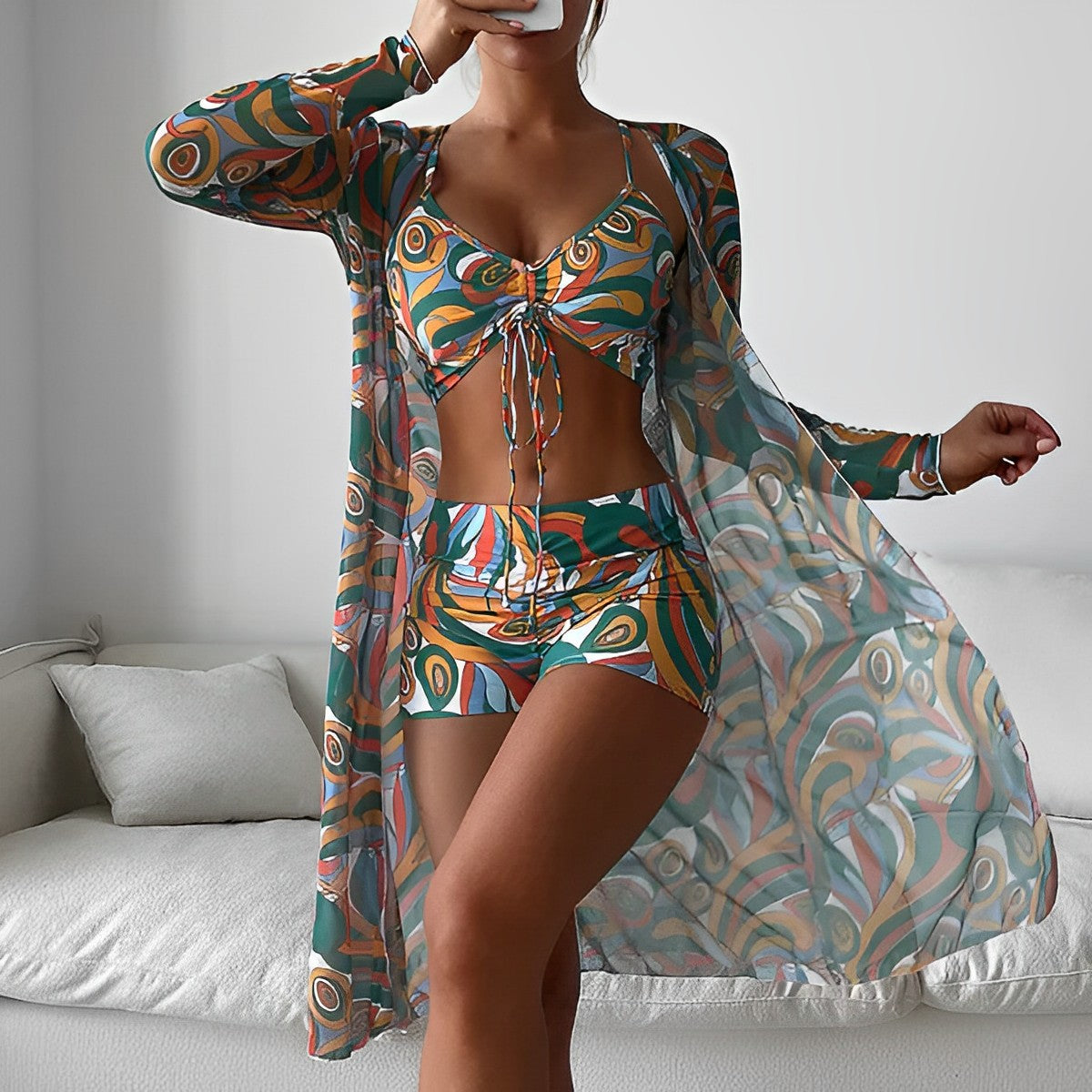 KS | Swimsuit with swirl pattern and overlay