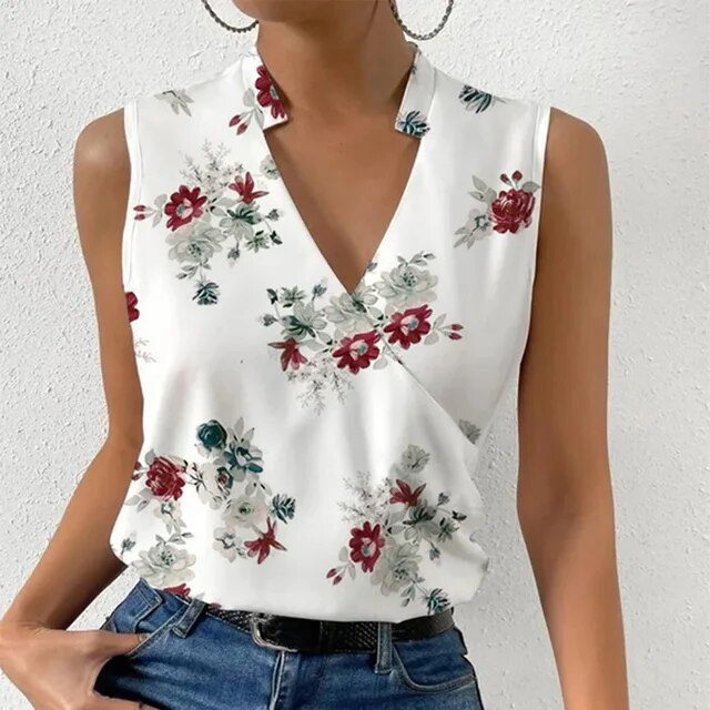KS | sleeveless top with floral print and V-neckline