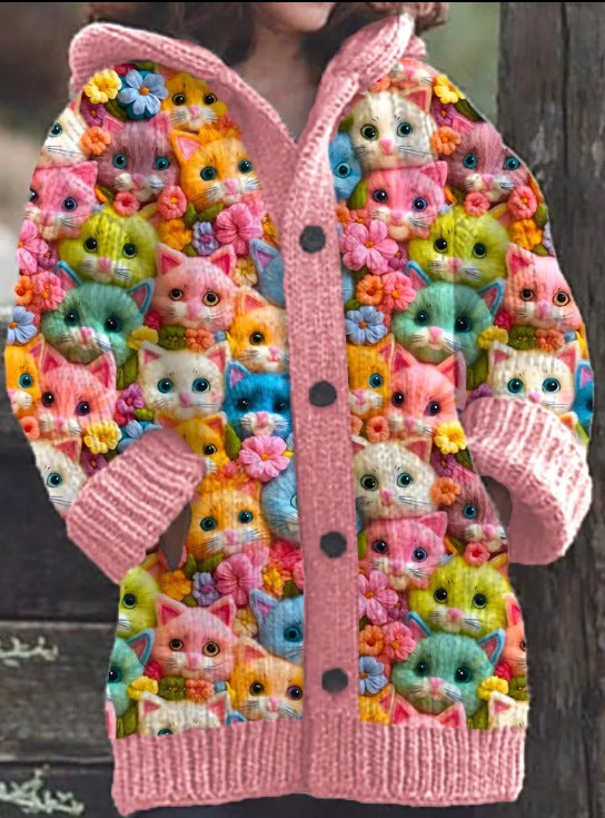 KS | Knitted coat with button placket and playful cat print