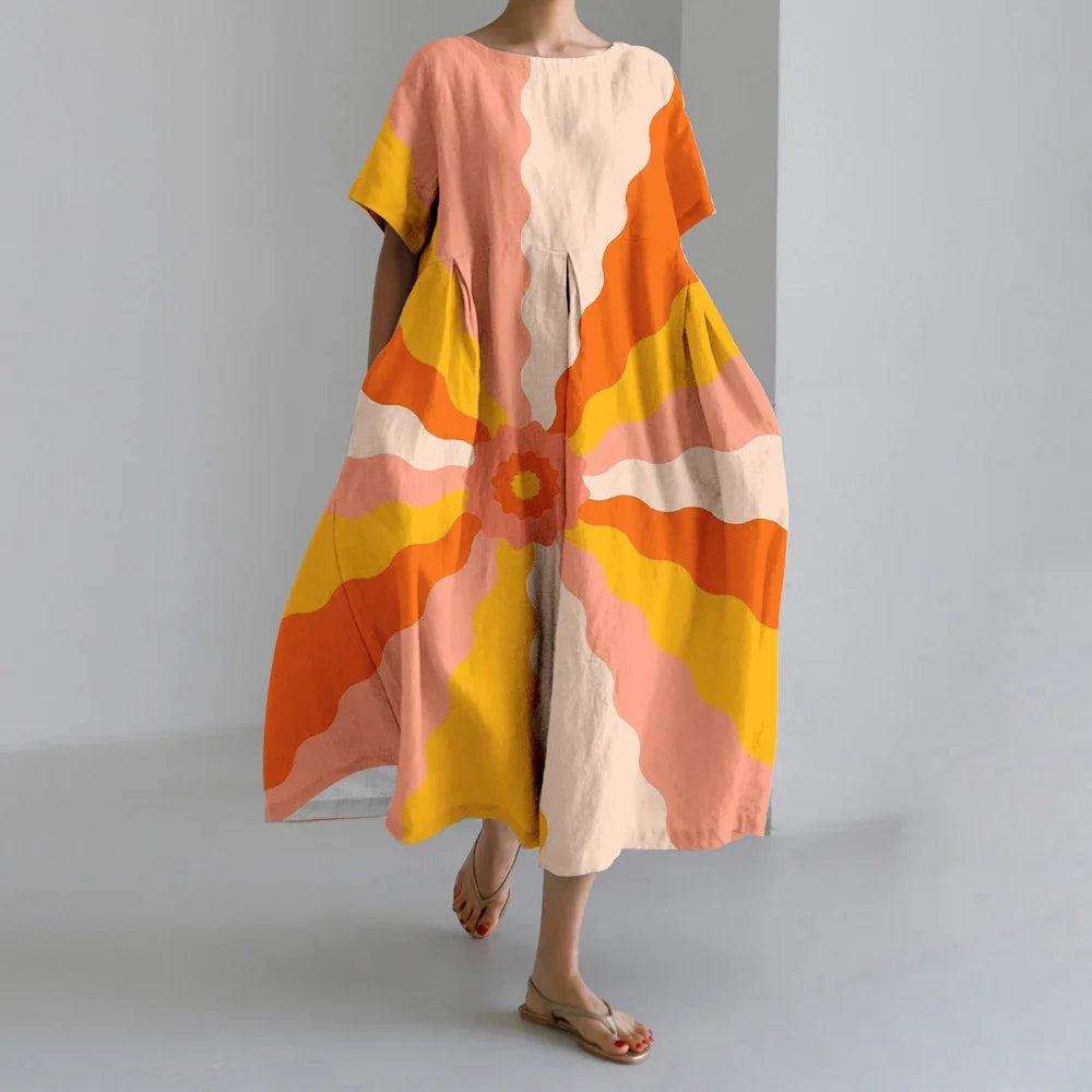 KS | New Summer Women's Dresses Exquisite Elegant Round Neck Short Sleeves Long Pink Dotted Irregular Printed Comfortable Midi Dresses