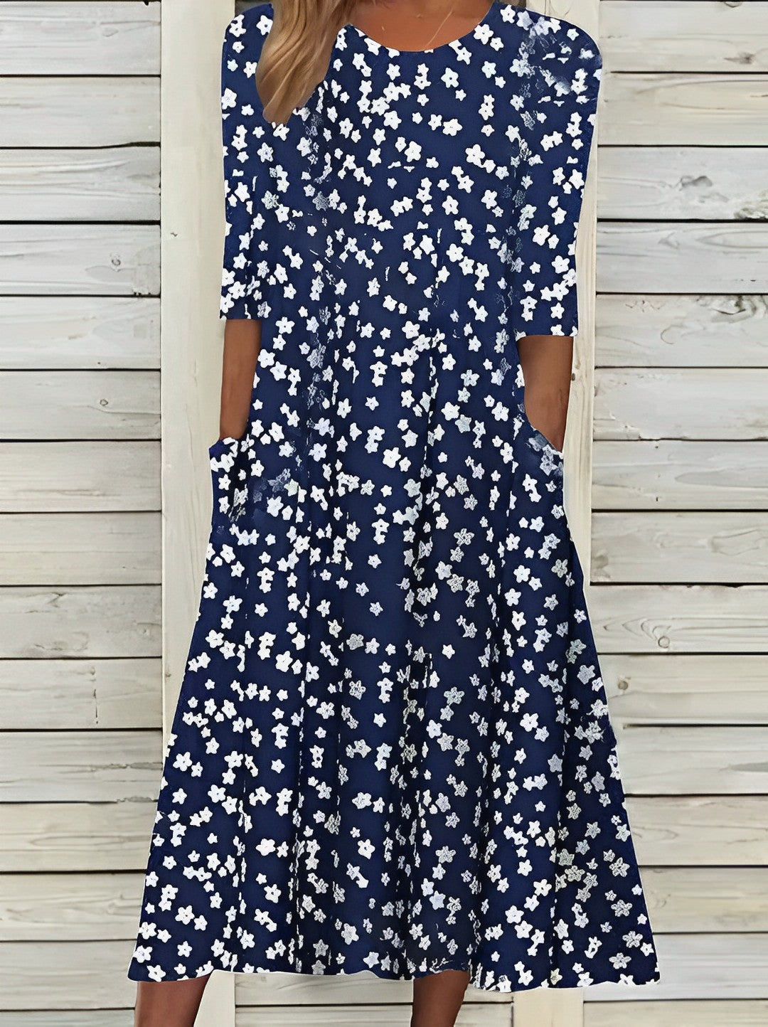 KS | Printed midi dress with round neckline and pockets