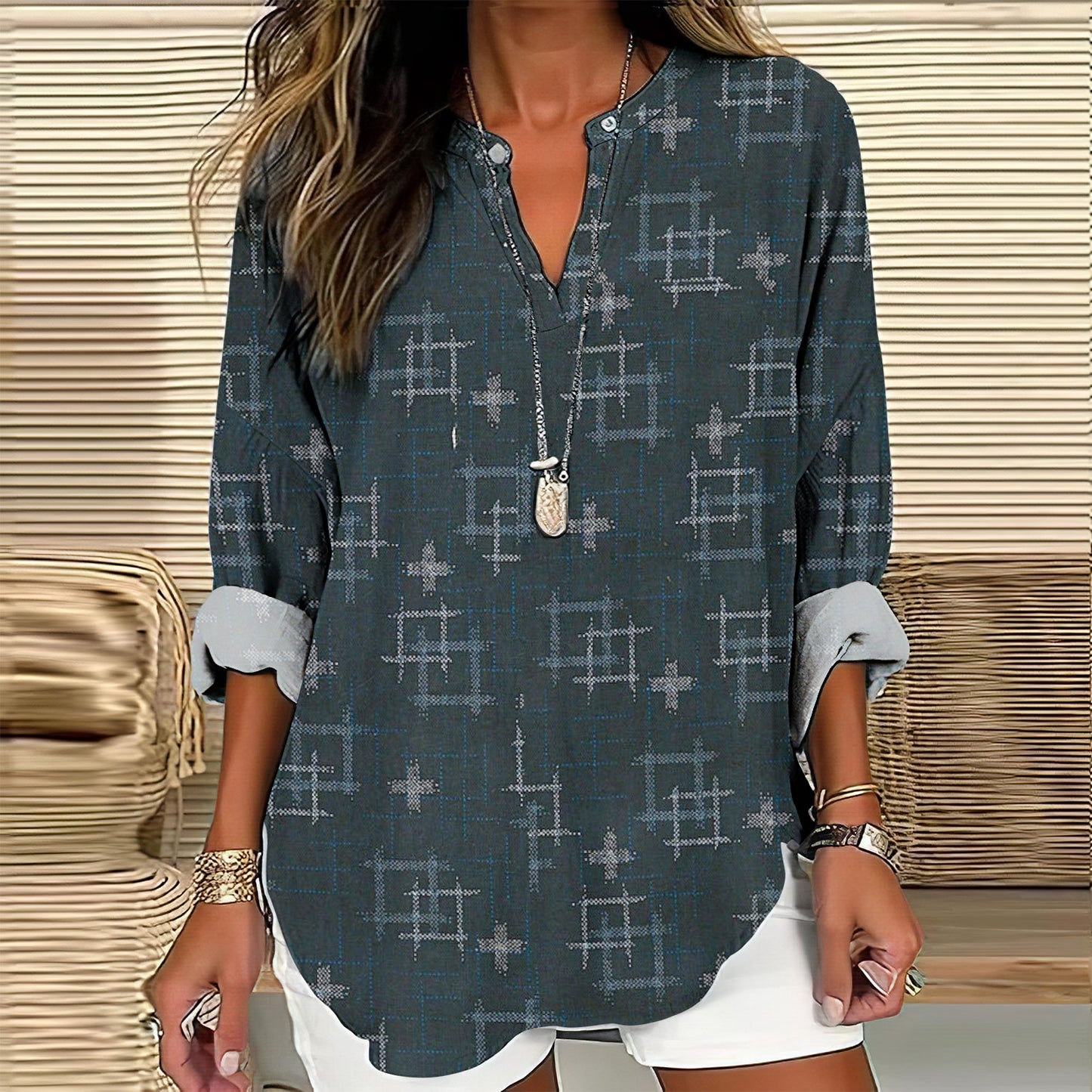 Comstylish Japanese Art Print V-Neck Loose Blouse