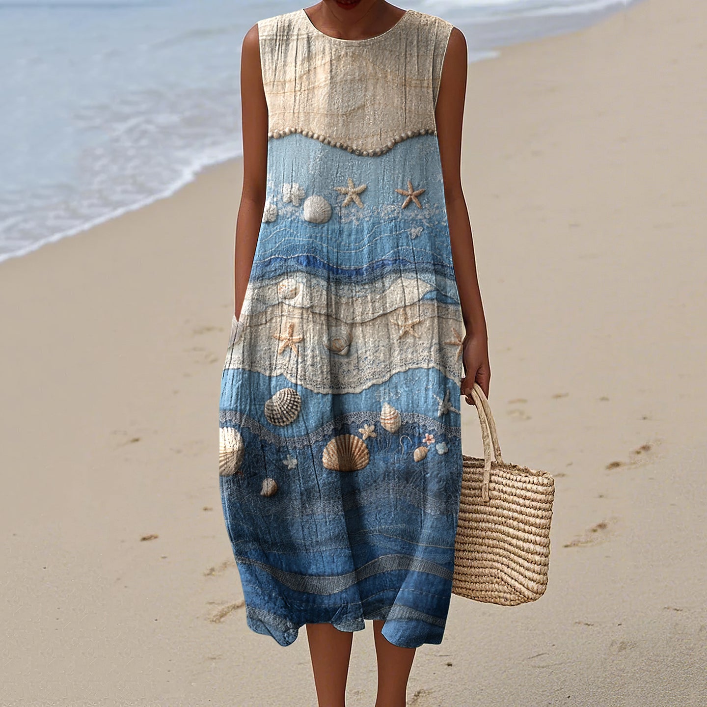 Vintage Loose Starfish & Sea Shells Sea Waves Art Sleeveless Cotton And Linen Tank Dress artswardrobe