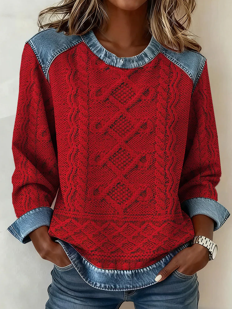 Comstylish Women's Textured Denim Collar Sweatshirt