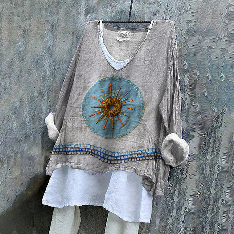 Comstylish Women's Disc Embroidery Art Linen V-neck Shirt