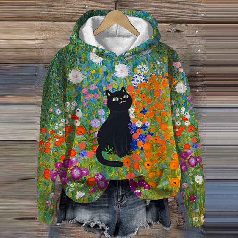 Women‘S Black Cat & Flowers Art Casual Hoodie elevenforest