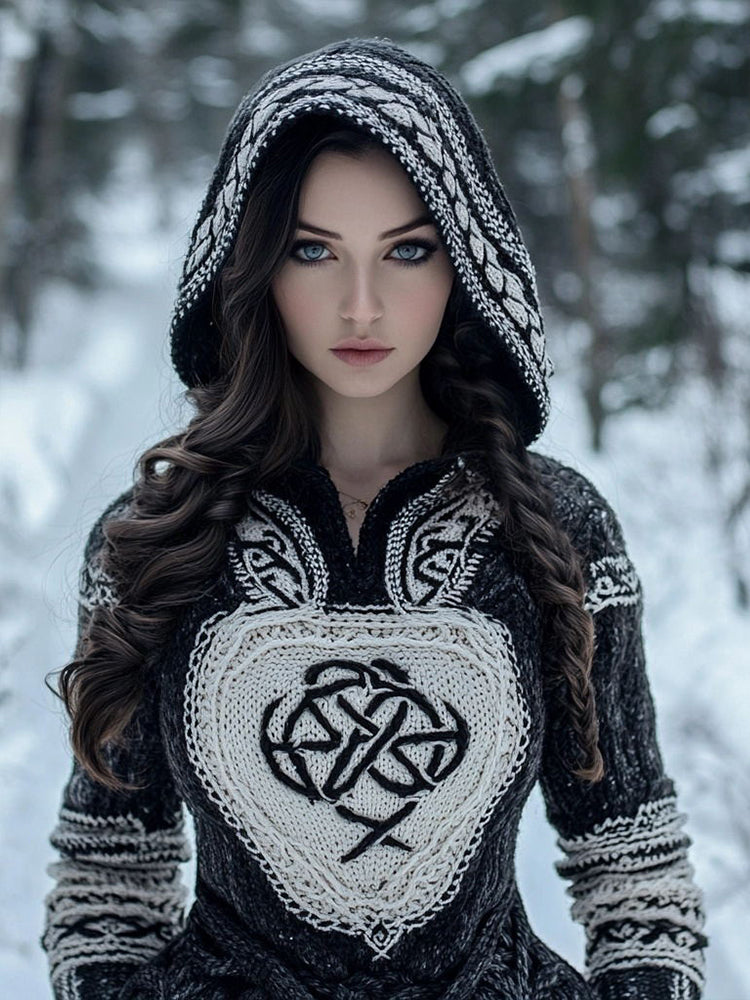 Women's Tribal Style Jacquard Cozy Knit Hooded Sweater artswardrobe