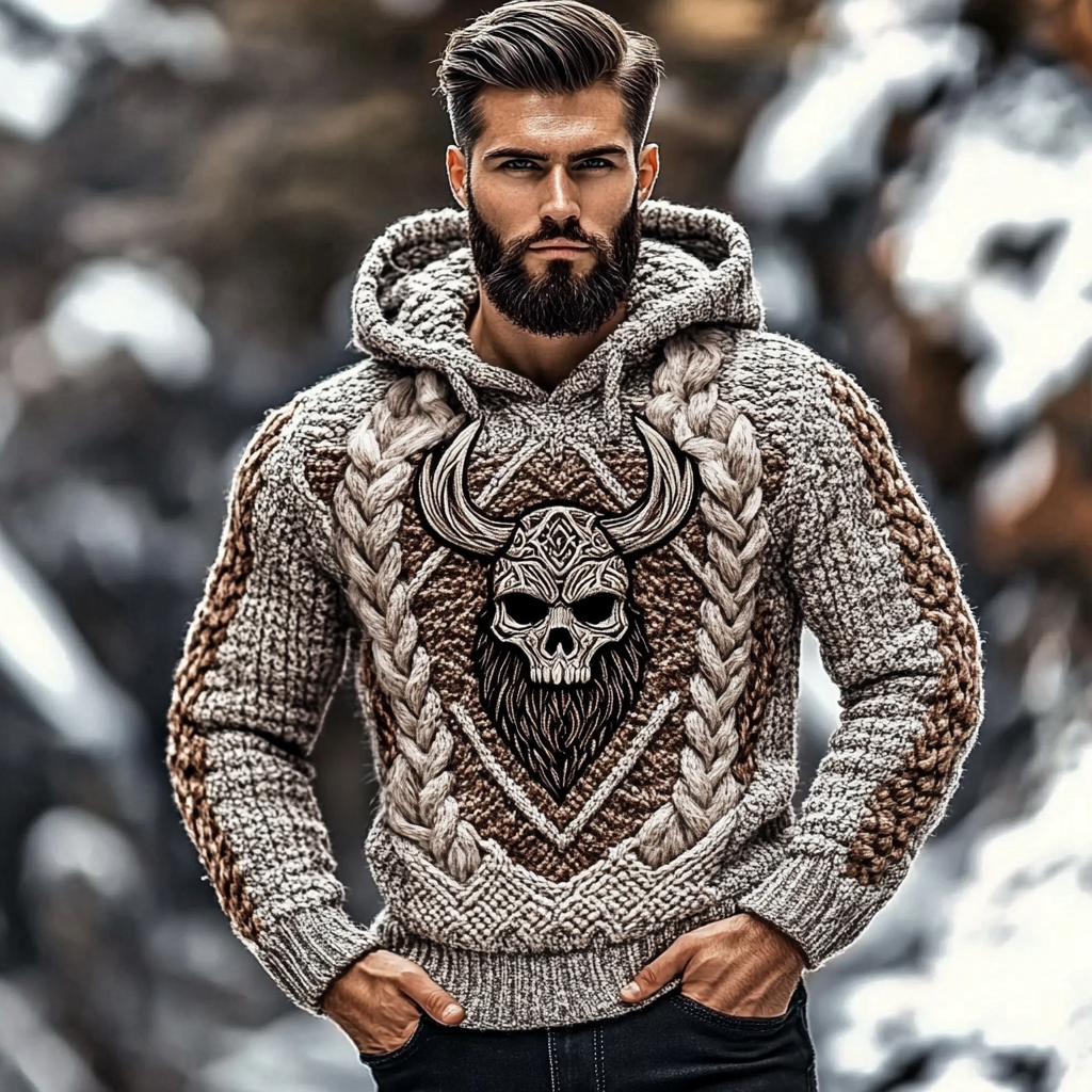 Men's Vintage Viking Skull Cable Jacquard Knit Hooded Sweater artswardrobe