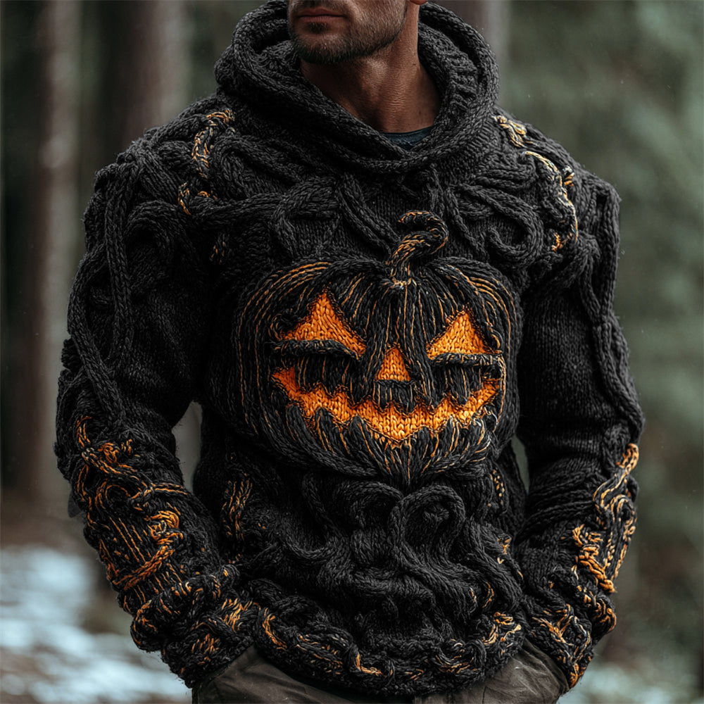 Halloween Pumpkin Emoji Men's Chunky Knit Hooded Sweater artswardrobe