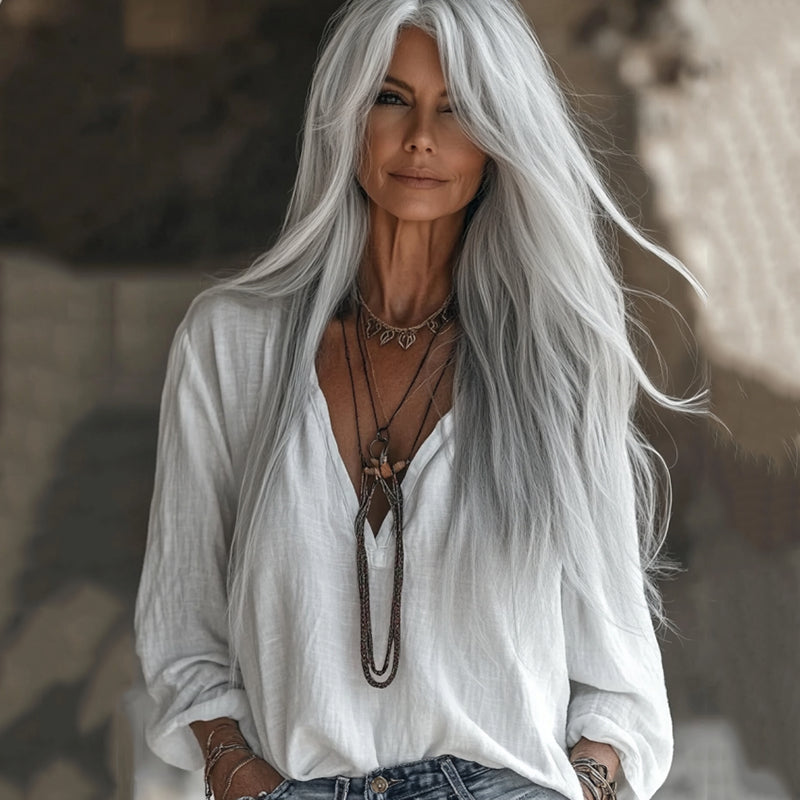 Comstylish Vintage V Neck Cotton Linen Comfy Shirt