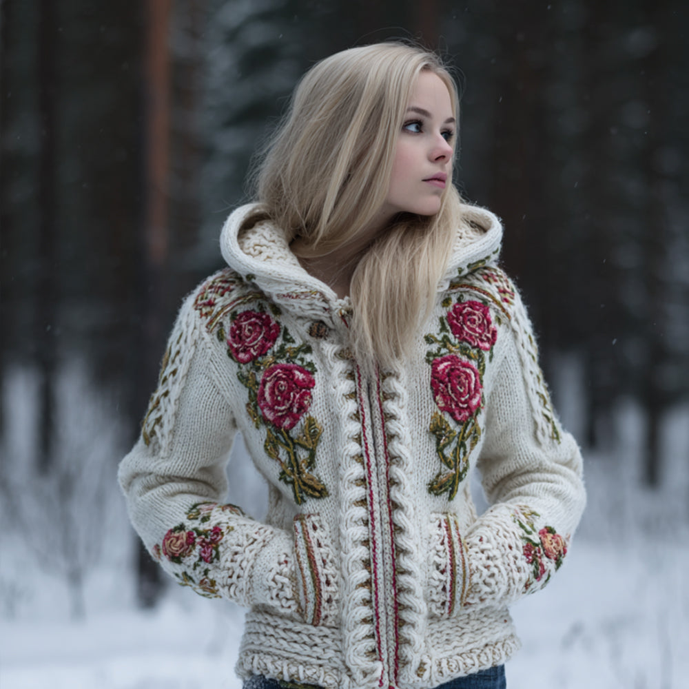 Comstylish Viking Style Celtic Knot Rose Hooded Cardigan Sweater