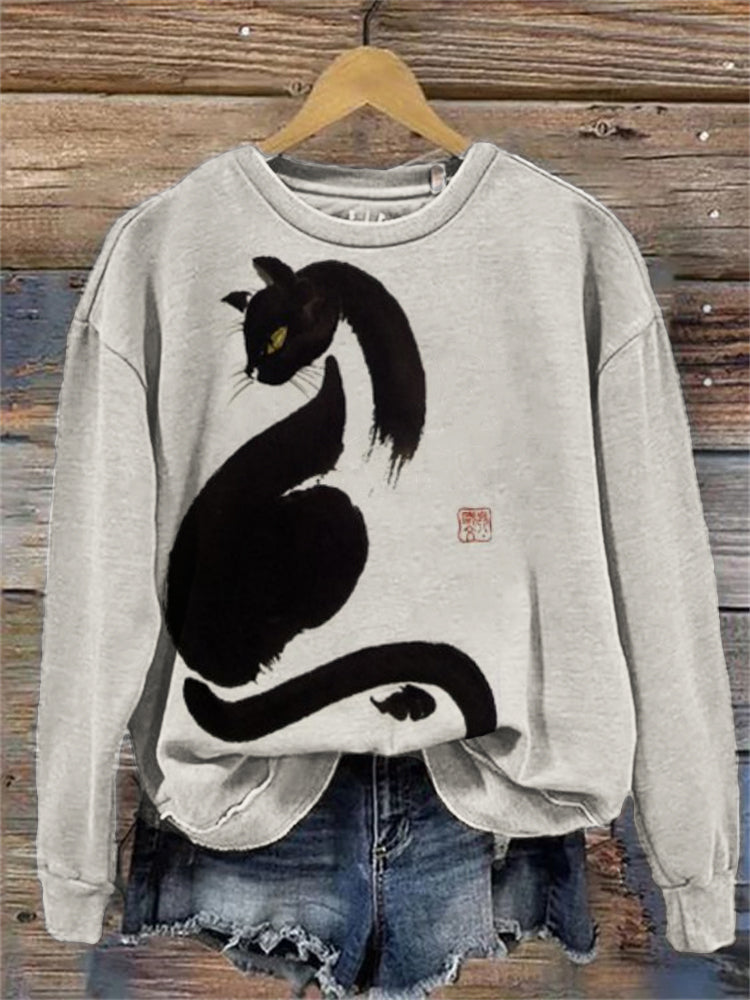 Black Cat Asian Brush Art Comfy Sweatshirt elevenforest