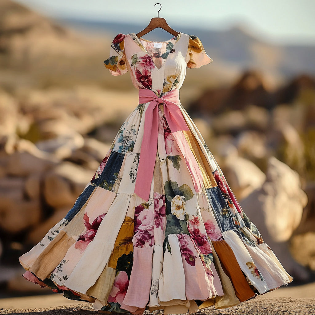 Vintage Floral Patchwork Art Pattern Art V-neck Midi Dress artswardrobe