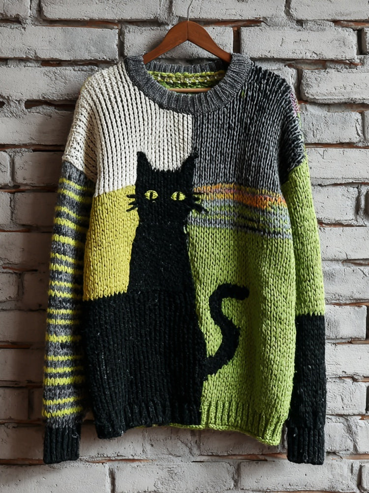 Halloween Black Cat Colorblock Cozy Knitted Sweater artswardrobe