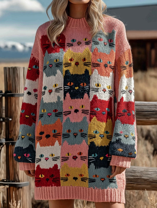 Colorful Cat Embroidered Art Long Knitted Sweater artswardrobe