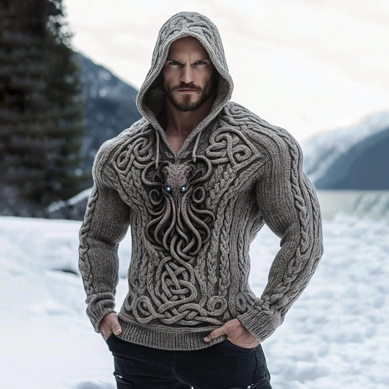 Men's Viking Style Cthulhu Octopus Jacquard Knit Hooded Sweater artswardrobe