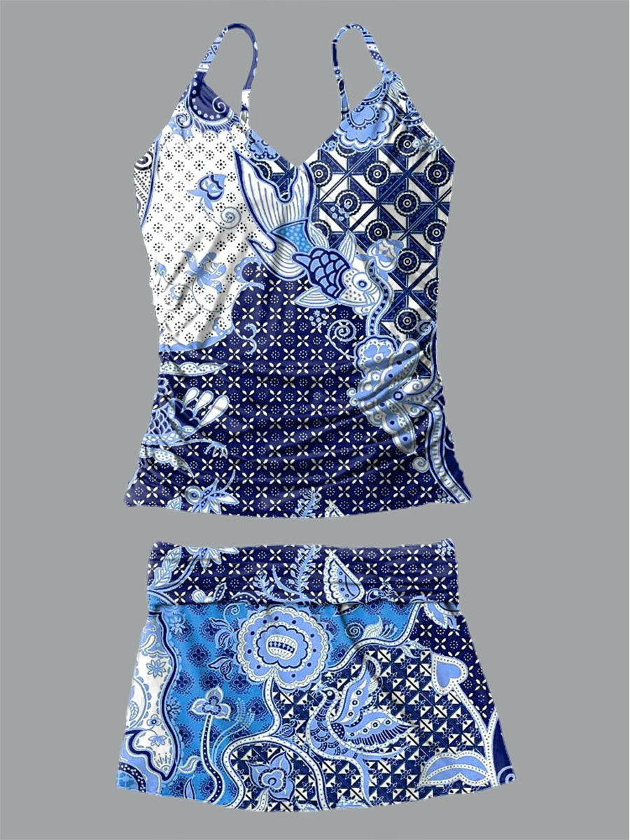 Women's Retro Stitching Floral Print Suspender Shirred Swimsuit Set