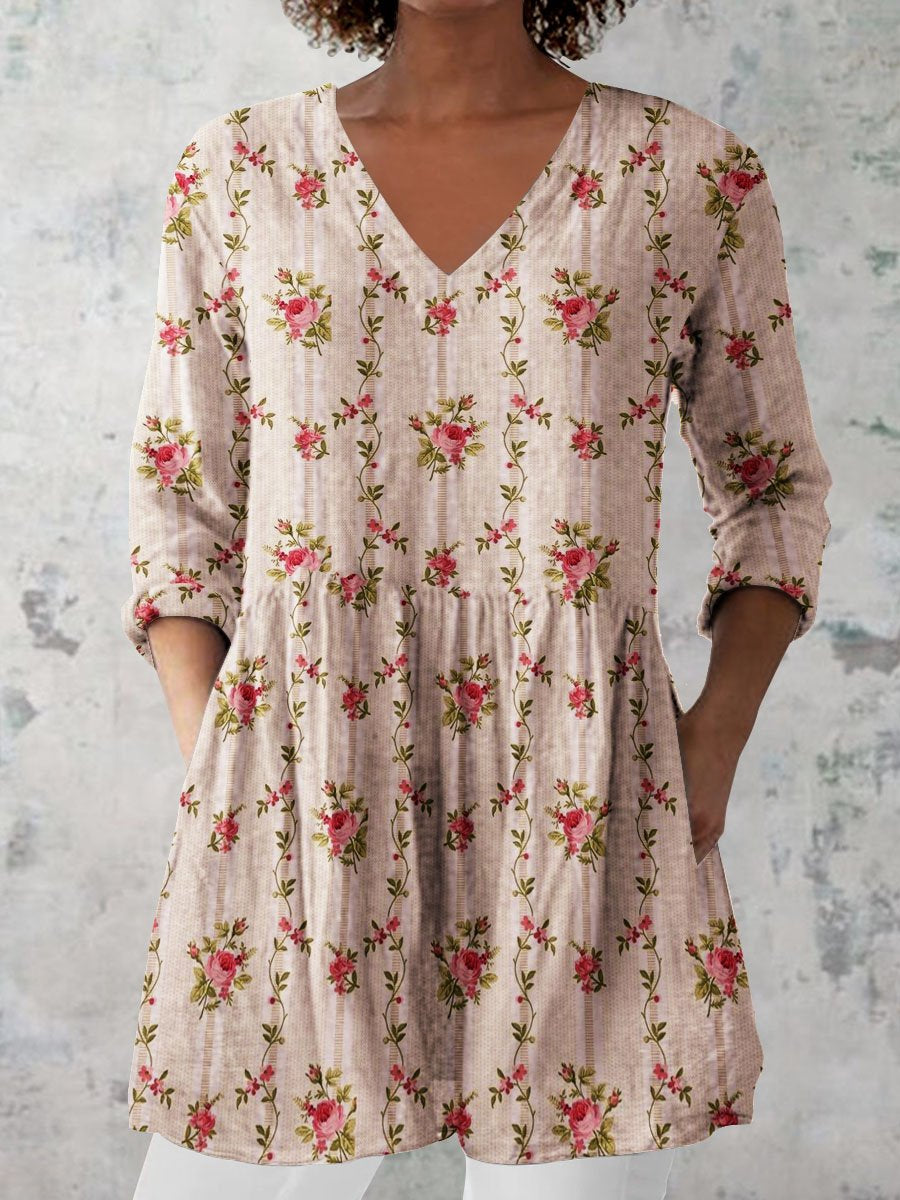 Women's Retro Floral Art Print Casual Cotton And Linen V-neck Top