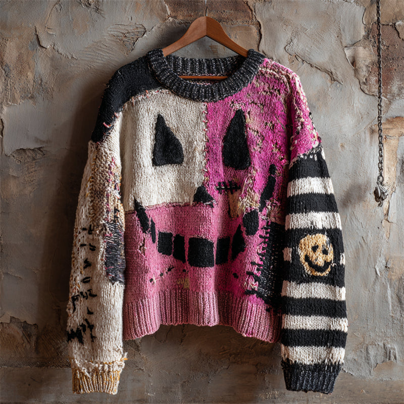 Halloween Spooky Faces Patchwork Stitched Cozy Knit Sweater artswardrobe