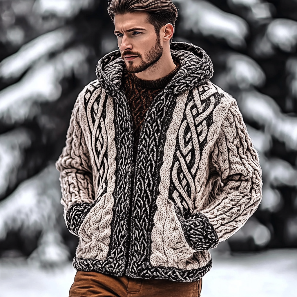 Men's Viking Celtic Inspired Cozy Chunky Hooded Cardigan artswardrobe