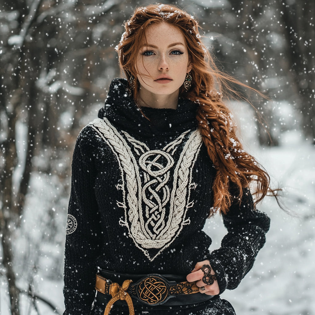 Women's Viking Tribal Jacquard Celtic Inspired Chunky Knit Hooded Sweater artswardrobe