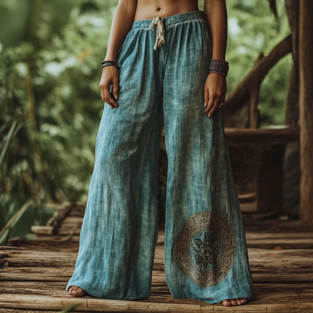 Vintage Bohemian Casual Holiday Gradient Tie Dye Style Linen Long Loose Wide-leg Pants artswardrobe